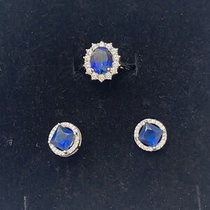 New Princess Diana Sapphire 925Sterling Silver Promise Ring & earring set Size 6